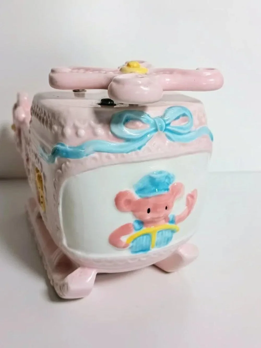 Vintage Pink Ceramic Napco Ware Helicopter Animal Planter Music Box Baby Nursery - Picture 3 of 8